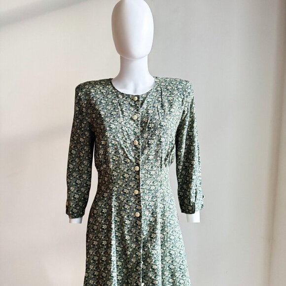 Vintage Algo 90s Microfloral 3/4 Sleeve Midi Dress S/M - Picture 2 of 11
